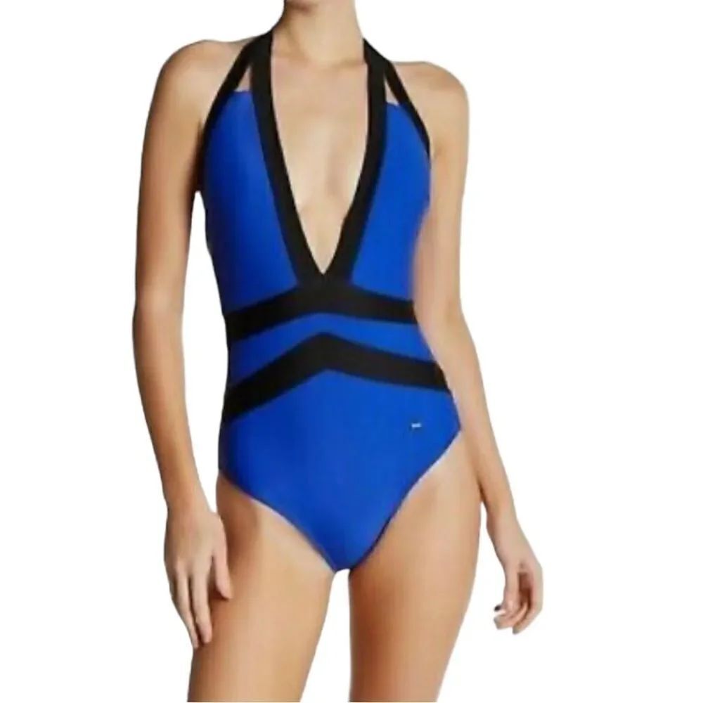 Ted Baker London Ralinda Blue Black Halter V Neck One Piece Swimsuit sz 3/US 8